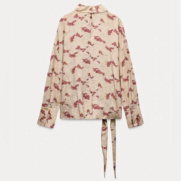 Zara Floral Tie Front Mock Neck Blouse Size M Ecru/Pink Long Sleeve Casual - Picture 2 of 13